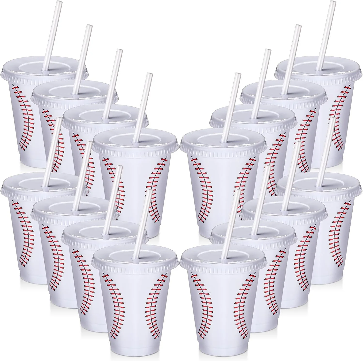 12 Pcs Baseball Soccer Party Cups with Straws and Lids Bulk...