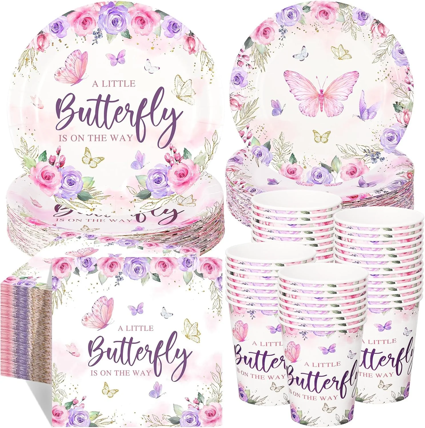 Ziliny 250 Pcs Butterfly Baby Shower Party Tableware Set