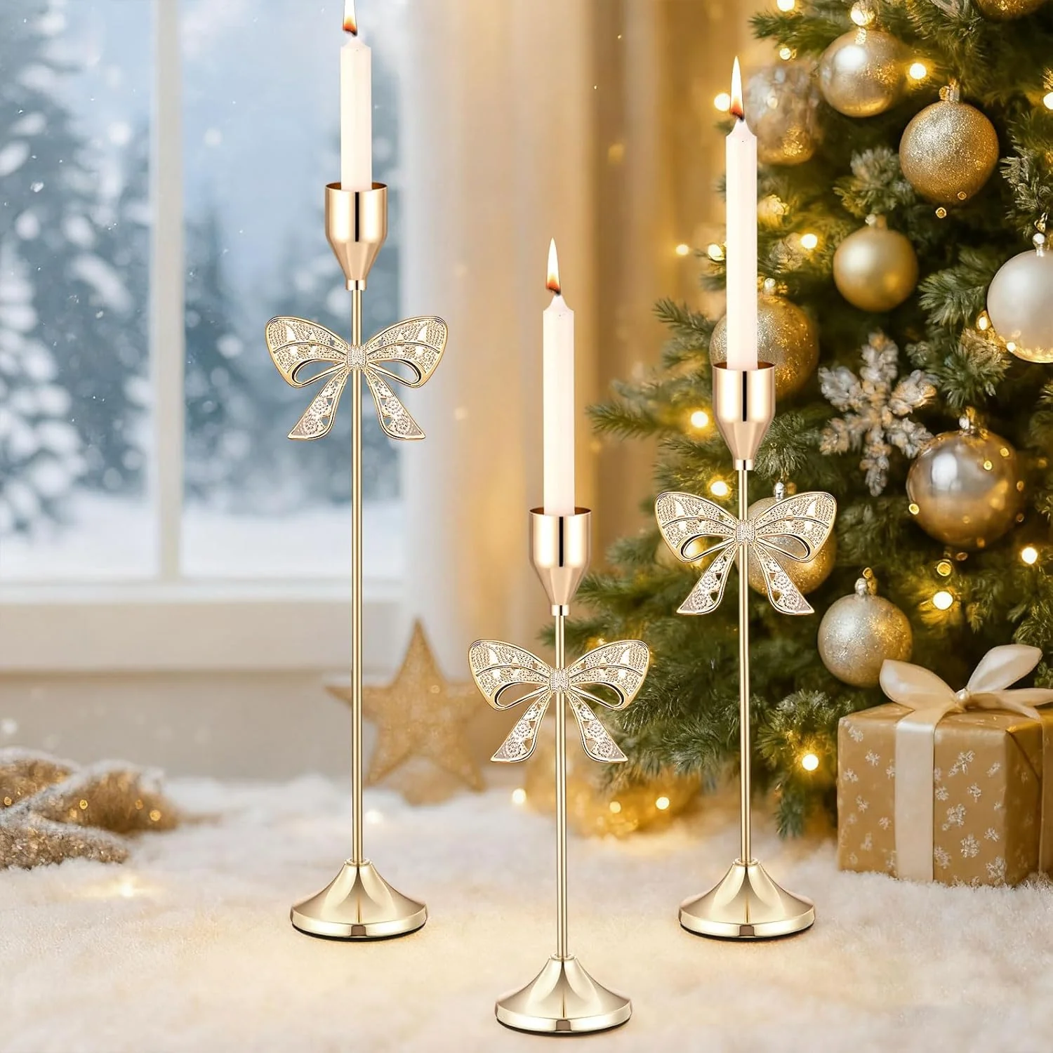 3 Pcs Christmas Bow Taper Candle Holders, 3 Size Gold...
