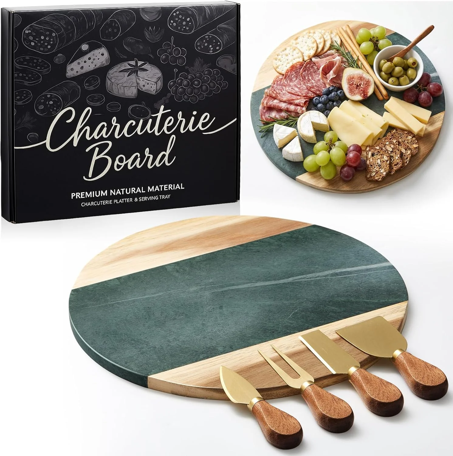Marble and Wood Christmas Charcuterie Board Set with Cheese...