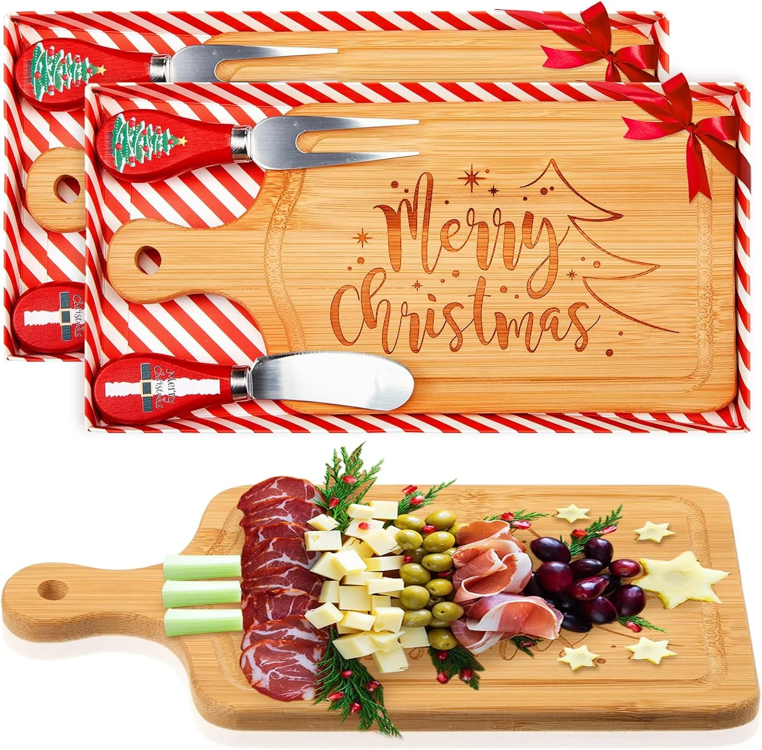 2 Set Christmas Cheese Board and Knife Set, Wooden Small...