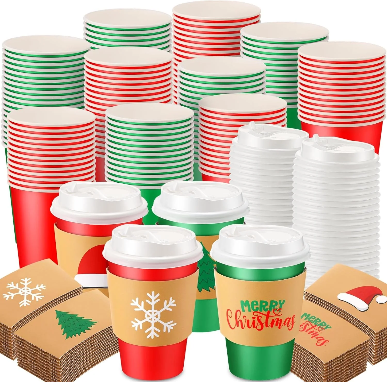 200 12 oz Christmas Cups with Lids and Coffee Cup Sleeves...
