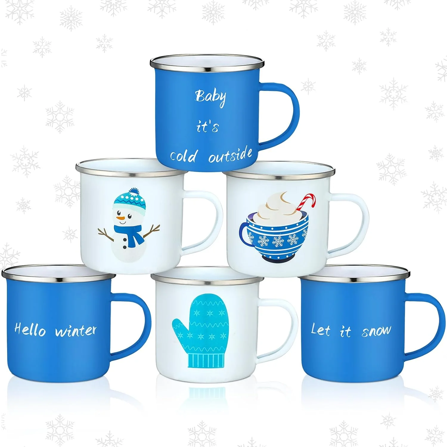 Christmas Mugs Set of 6 - Winter 9 oz Coffee Cups With...