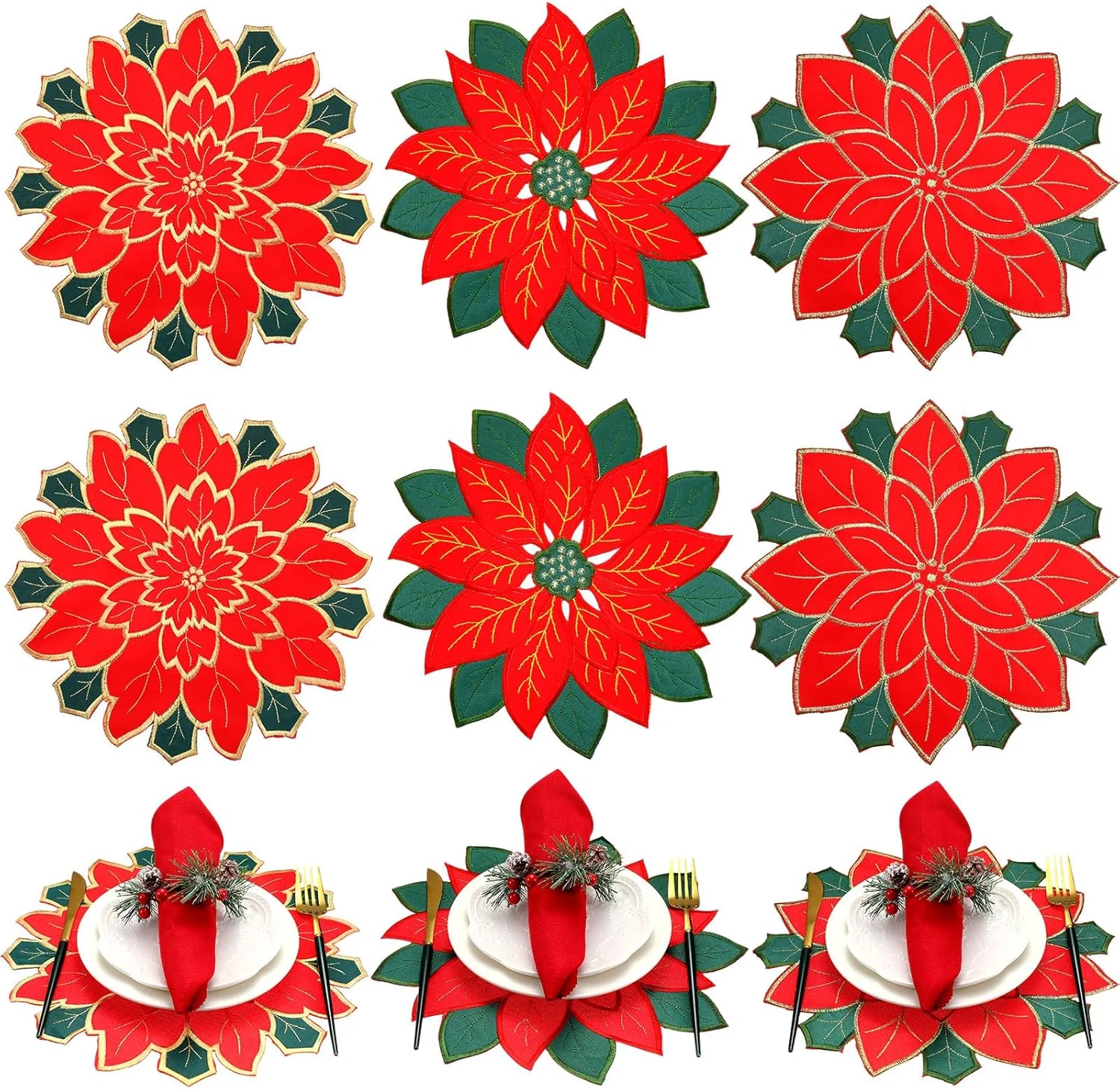 Ziliny 6 Pcs Christmas Poinsettia Embroidered Placemats Double Layer