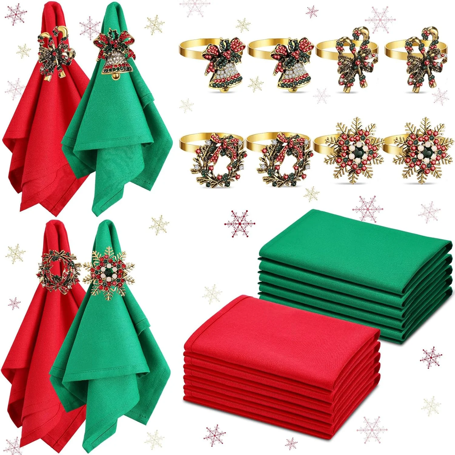 Ziliny 16 Pcs Cotton Christmas Napkins and Rings Set,