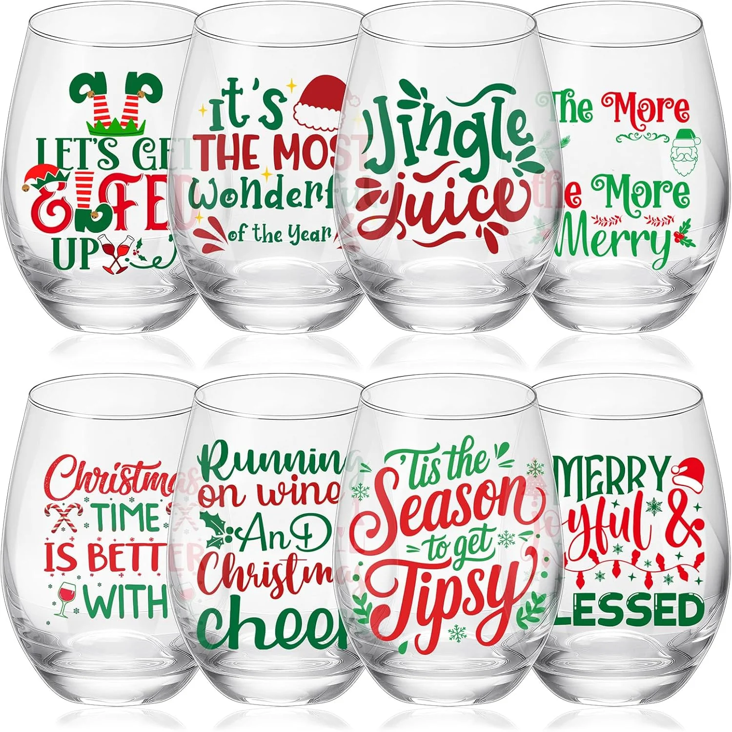Ziliny 8 Pcs Christmas Wine Glass 15 oz Stemless