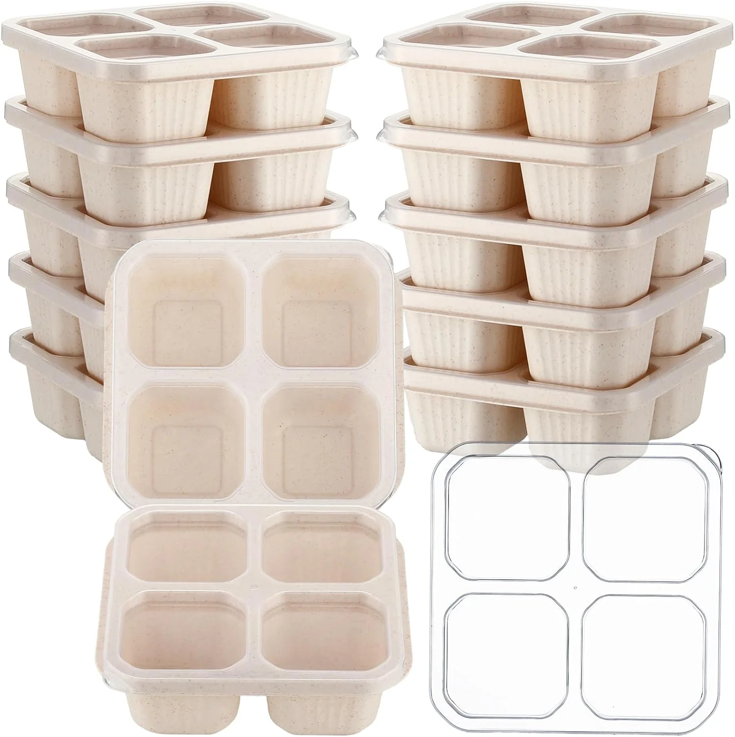 12 Pcs 4 Divided Compartments Snack Containers Bento Wheat...