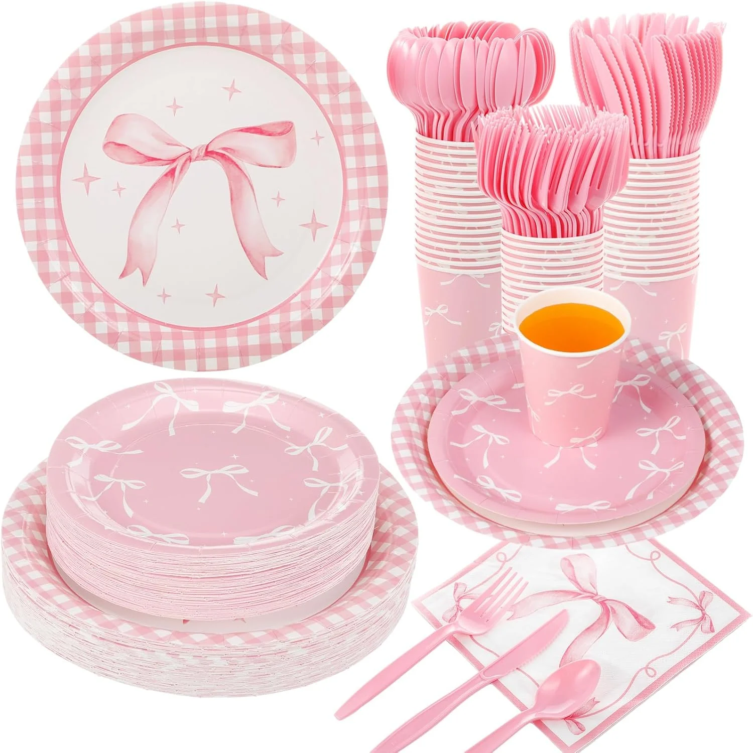 Ziliny 350 Pcs Pink Bow Plates and Napkins, 50