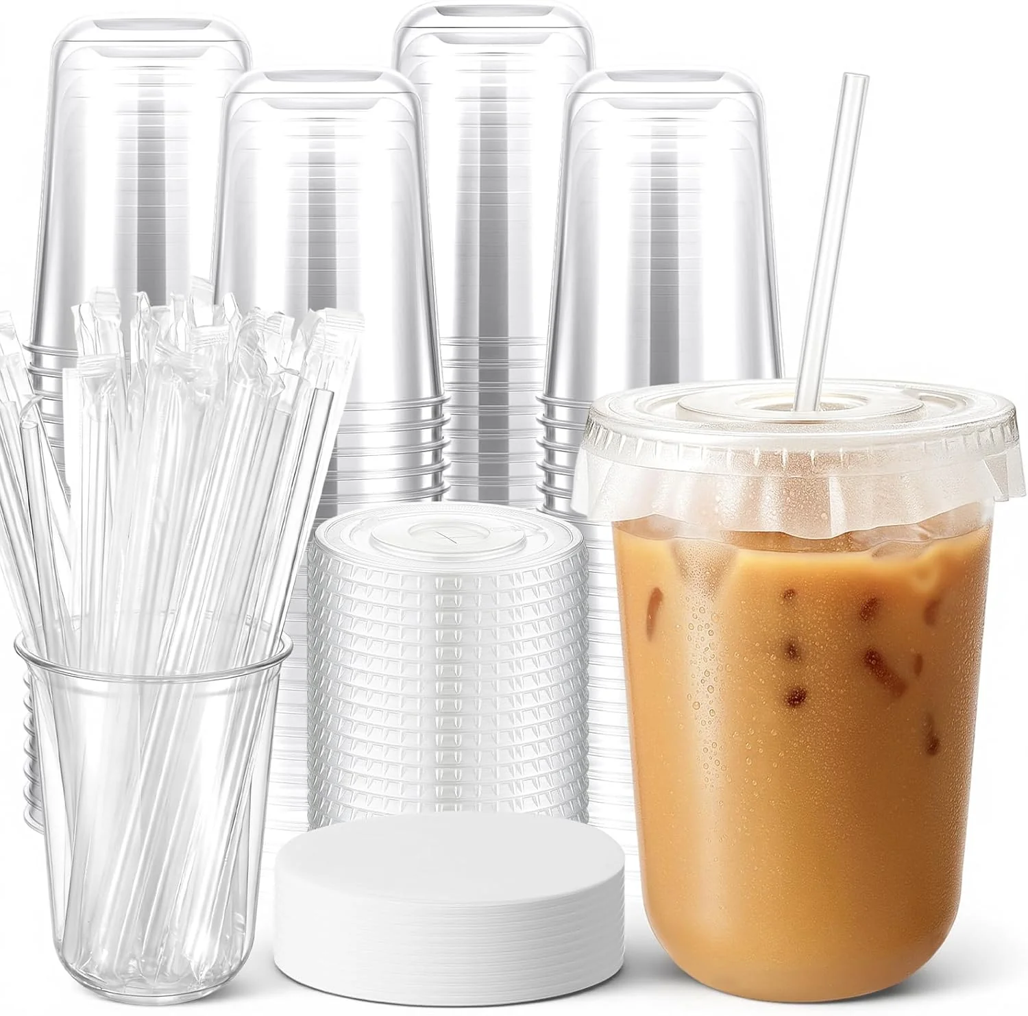 Ziliny 100 Sets Clear Plastic Cups with Lids, Straws,