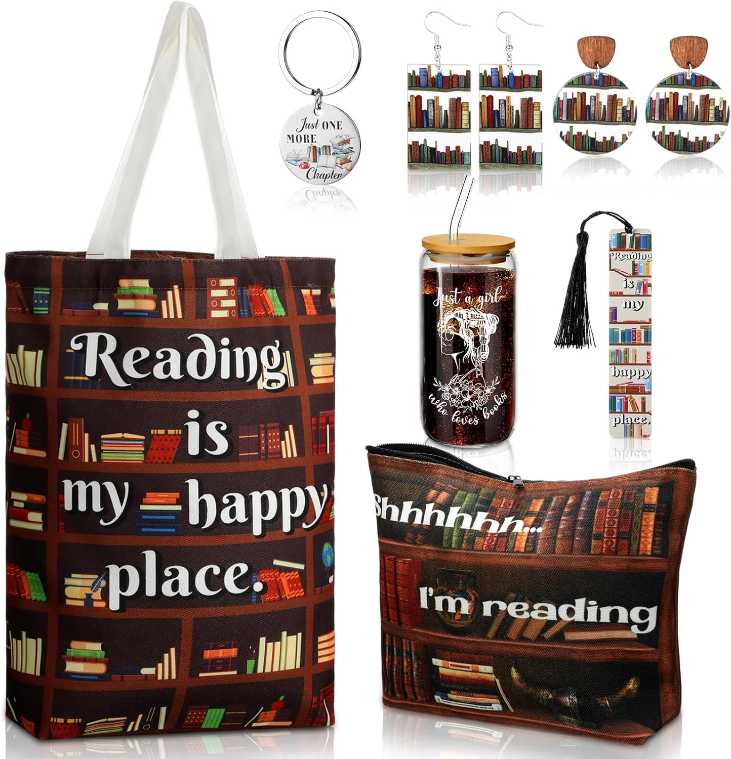 7 Pcs Book Lovers Gifts Set Book Makeup Bag Earrings Metal...