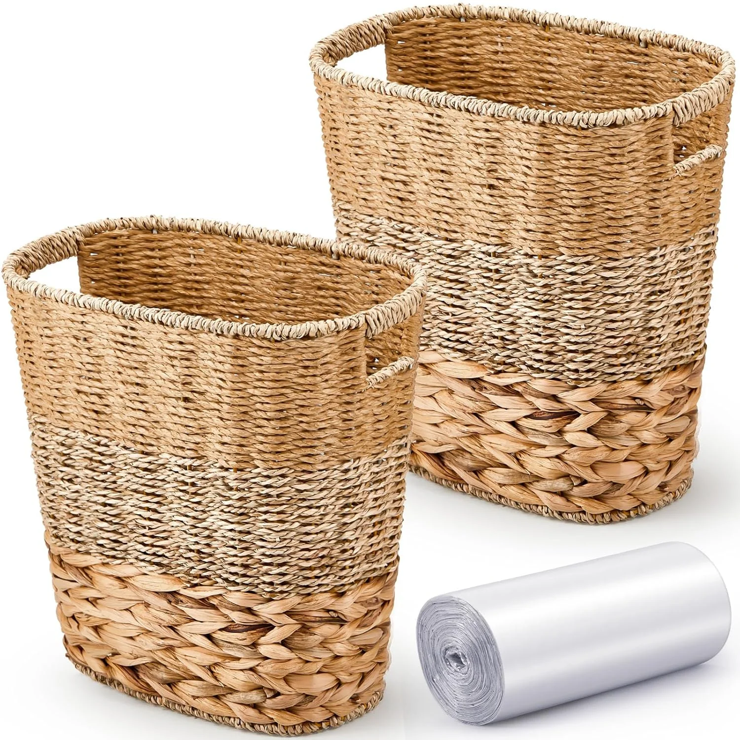 2 Pcs Wicker Trash Can with 50 Small Trash Bag Wicker Waste...