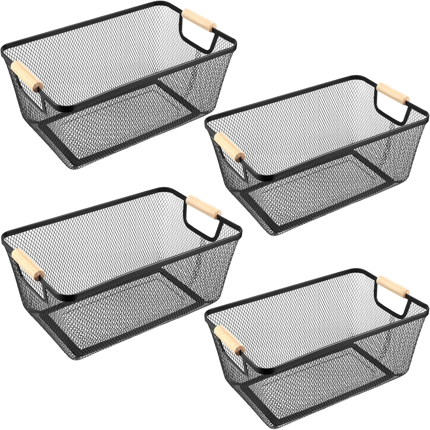 4 Pcs Metal Wire Basket with Wooden Handles Mesh Steel...