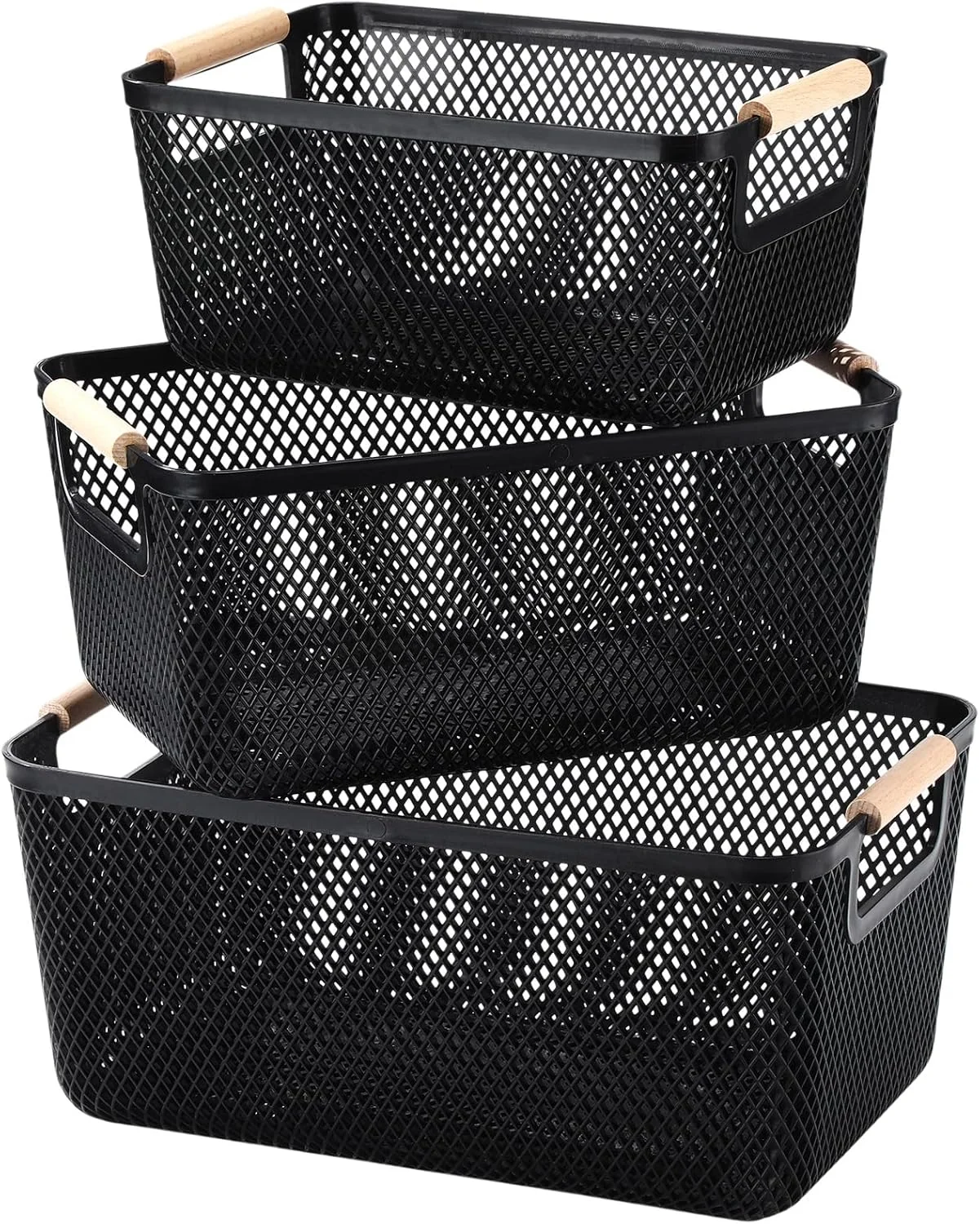 3 Pack Plastic Mesh Basket with Wooden Handles - PP...
