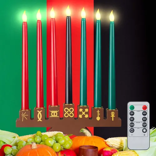 Ziliny 8 Pieces Kwanzaa Kinara Flameless Candles Set Wood
