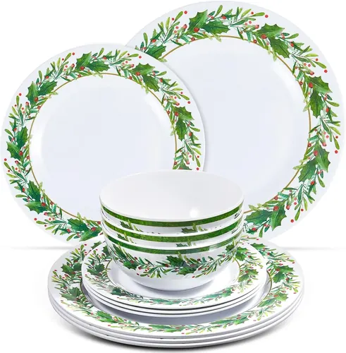 Ziliny 12 Pcs Christmas Melamine Dinnerware Set, 4 Pcs