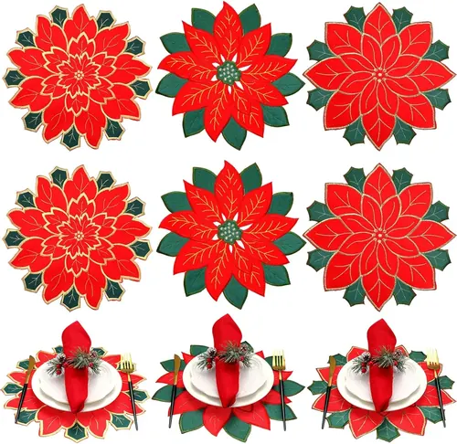 Ziliny 6 Pcs Christmas Poinsettia Embroidered Placemats Double Layer