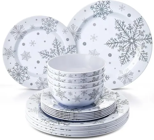 Ziliny 24 Pcs Christmas Snowflake Dinnerware Set Melamine Plates
