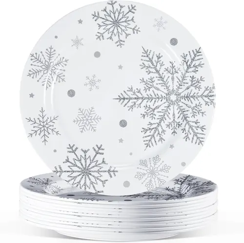 Ziliny 10 Pcs Christmas Snowflake Plates Silver White Snowflake