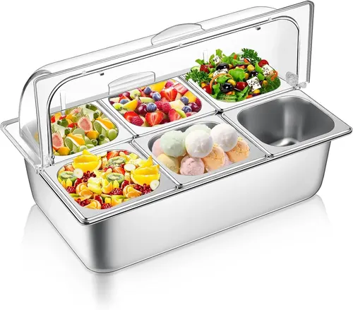 Ziliny 6 Pan Countertop Food Serving Container with Clear Roll-Top Cover, Silver