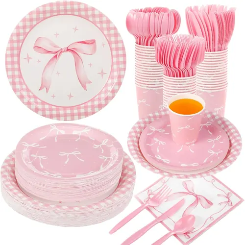 Ziliny 350 Pcs Pink Bow Plates and Napkins, 50