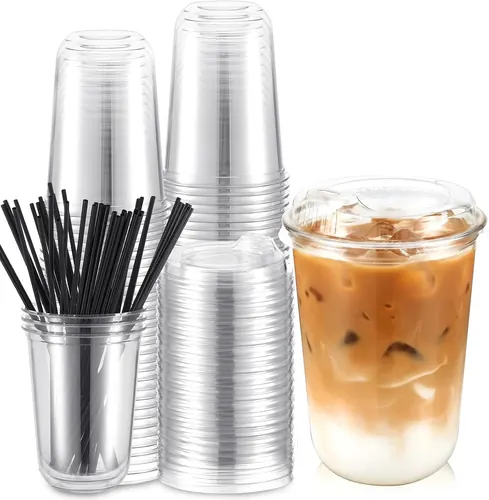 Ziliny 50 Sets Clear Plastic Coffee Cups with Sip Lids and Stir Straws, 16 oz