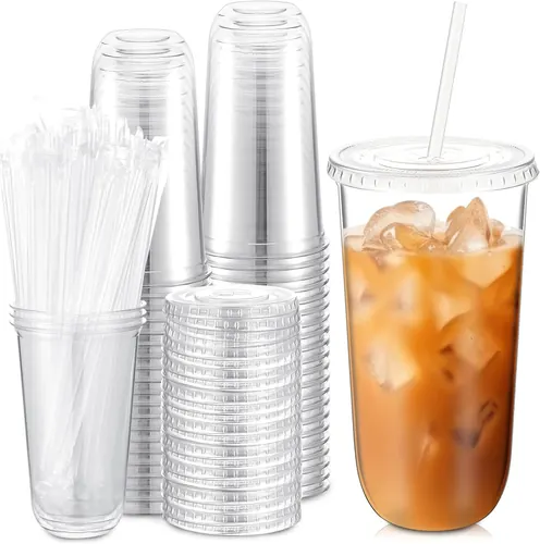 Ziliny 50 Sets 20 oz Clear Plastic Cups with Lids and Straws