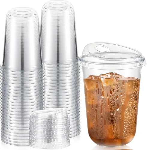 Ziliny 50 Sets Clear Plastic Coffee Cups with Sip Lids, 16 oz