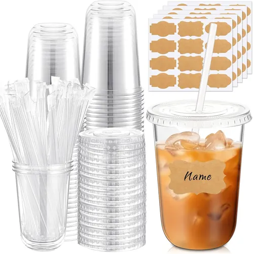 Ziliny 50 Sets 16 oz Clear Plastic Cups with Lids, Straws and Label Stickers