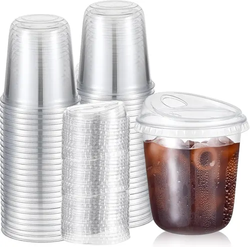 Ziliny 50 Sets Clear Plastic Coffee Cups with Sip Lids, 12 oz