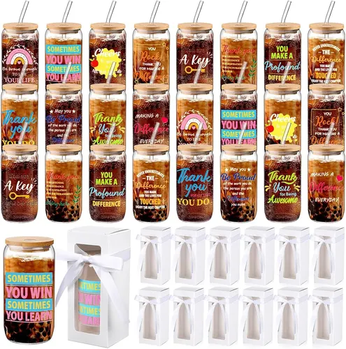 Ziliny 24 Set Employee Appreciation Glass Cups with Lids, Straws and Gift Boxes, Team Design