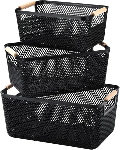 Ziliny 3 Pack Plastic Mesh Basket with Wooden Handles