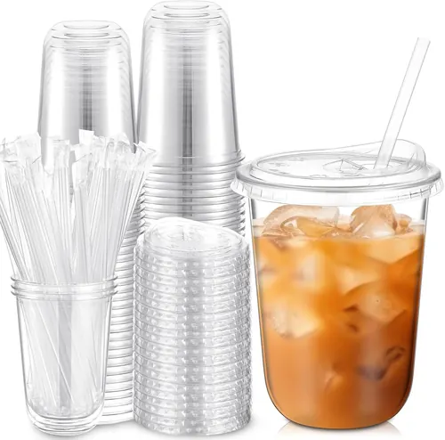 Ziliny 50 Pack 16 oz Clear Plastic Cups with Lids and Straws