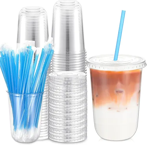 Ziliny 50 Pack 16 oz Plastic Cups with Lids and Straws, Blue