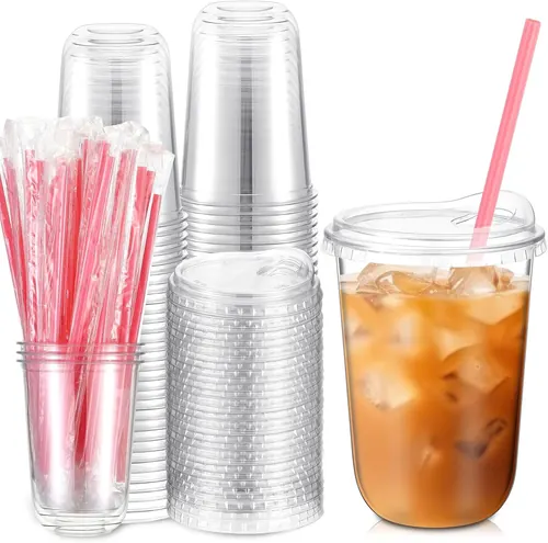 Ziliny 50 Sets 16 oz Clear Plastic Cups with Pink Heart Straws and Lids