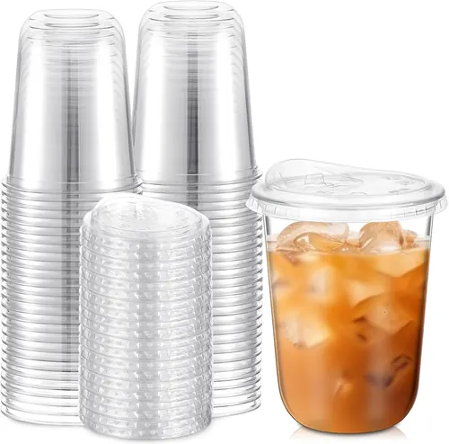 Ziliny 50 Sets 16 oz Clear Plastic Cups with Strawless Sip Lids