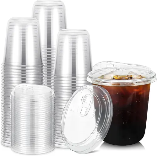 Ziliny 100 Sets Clear Plastic Cups with Strawless Sip
