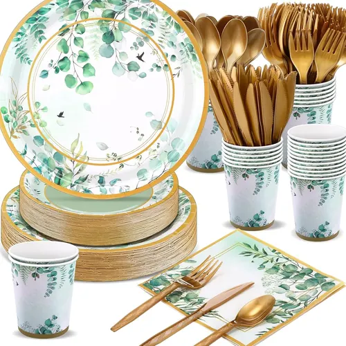 Ziliny 350 Pcs Sage Green Eucalyptus Party Supplies, Serves 50