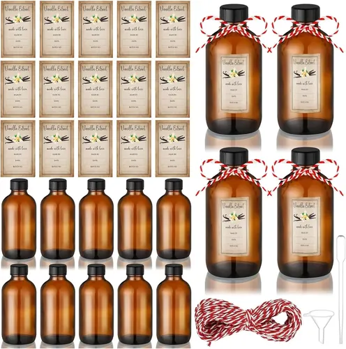 Ziliny 20 Pcs 4 oz Amber Boston Glass Bottles with Lids, Stickers, Funnel and Dropper